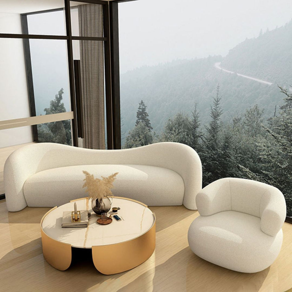 Luksuriøs buet sofa i hvit boucle